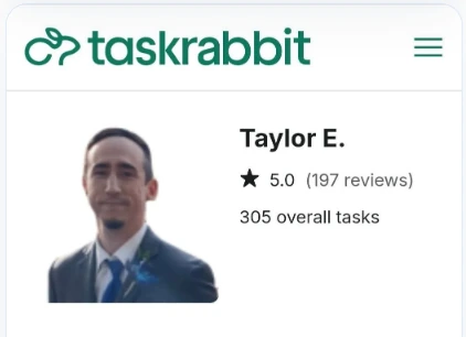 TaskRabbit profile showing a 5.0 rating, 197 reviews and 305 overall tasks